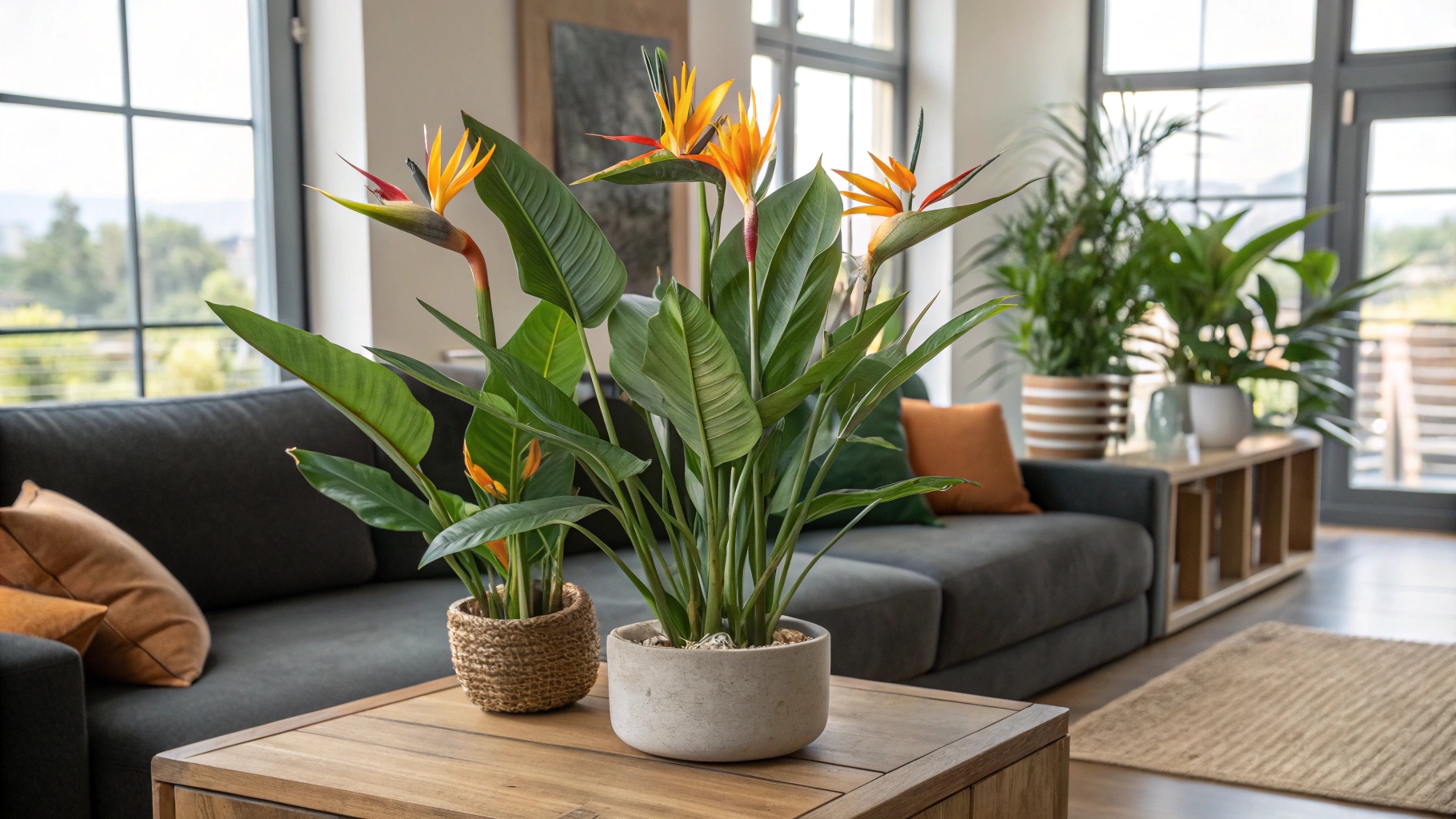 Realistic artificial Bird of Paradise plants in the living room