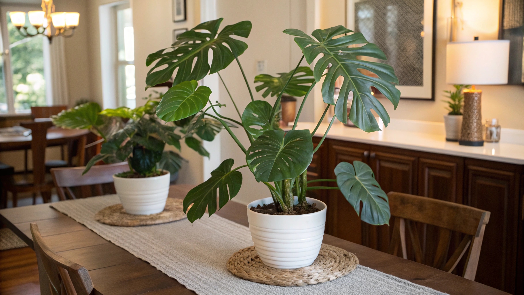 Realistic artificial Monstera plants in pot in the dinning room