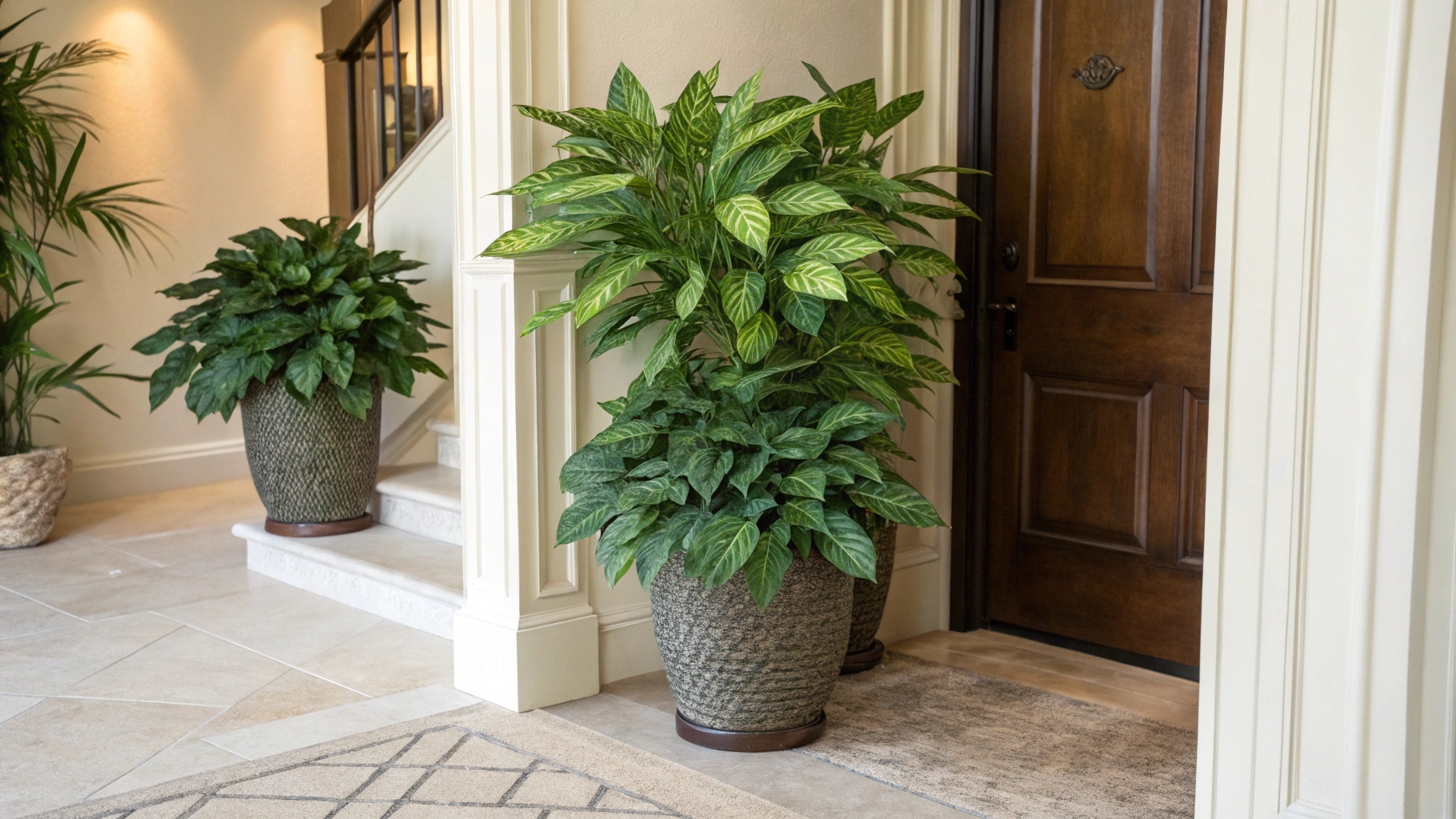 The Key features of Realistic Artificial Plants are high-quality raw materials (silk, PE blends, latex)