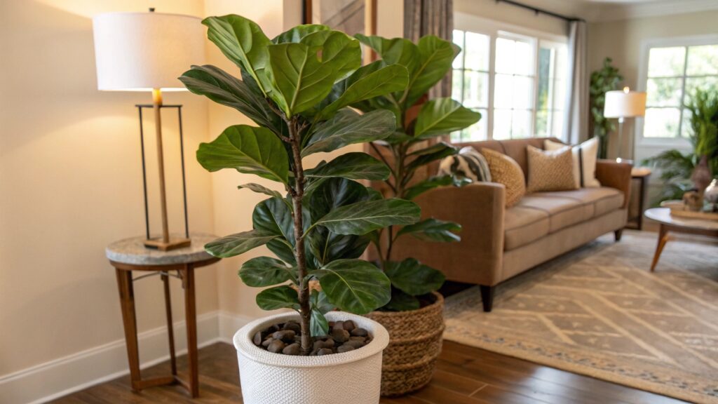 silk artificial Fiddle Leaf Fig plants in pot in the living room