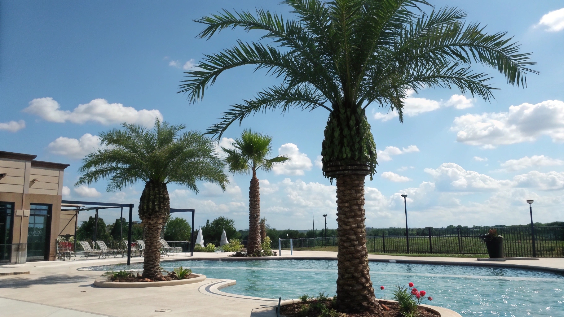 artificial palm trees besides the pool