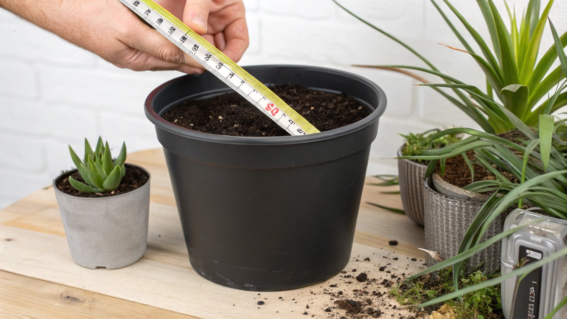 measuring the artificial plant's starter pot