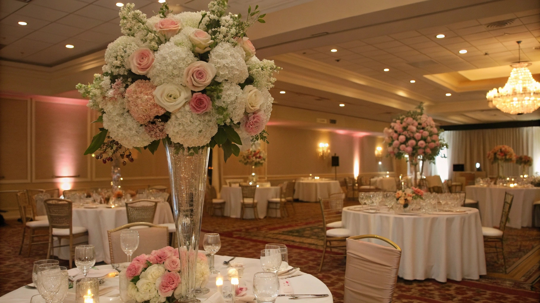 wedding reception area with silk Flowers arrangements
