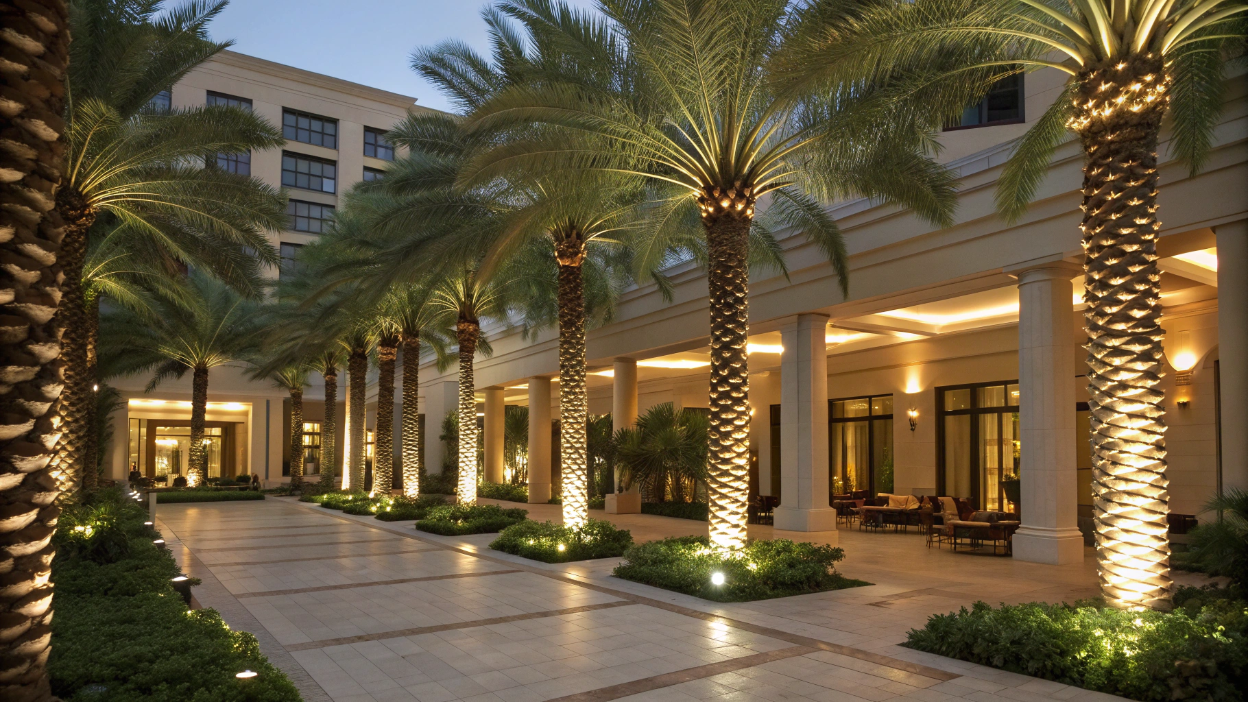 LED lighting paired with tall artificial palms outdoor
