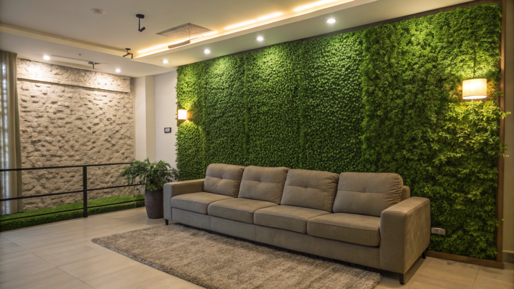 Modern fake grass wall Behind the Sofa