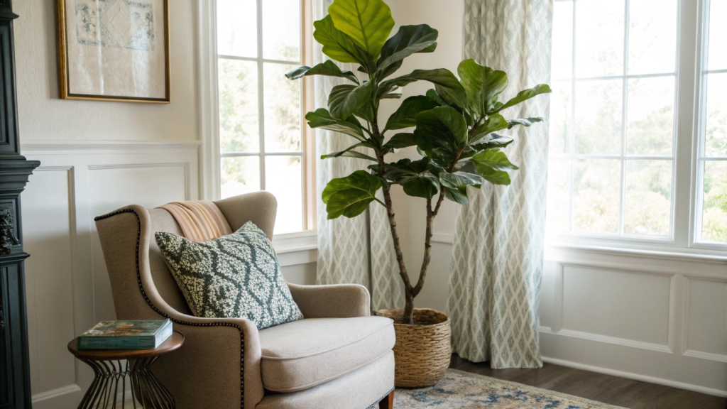 a silk fiddle fig in the living room