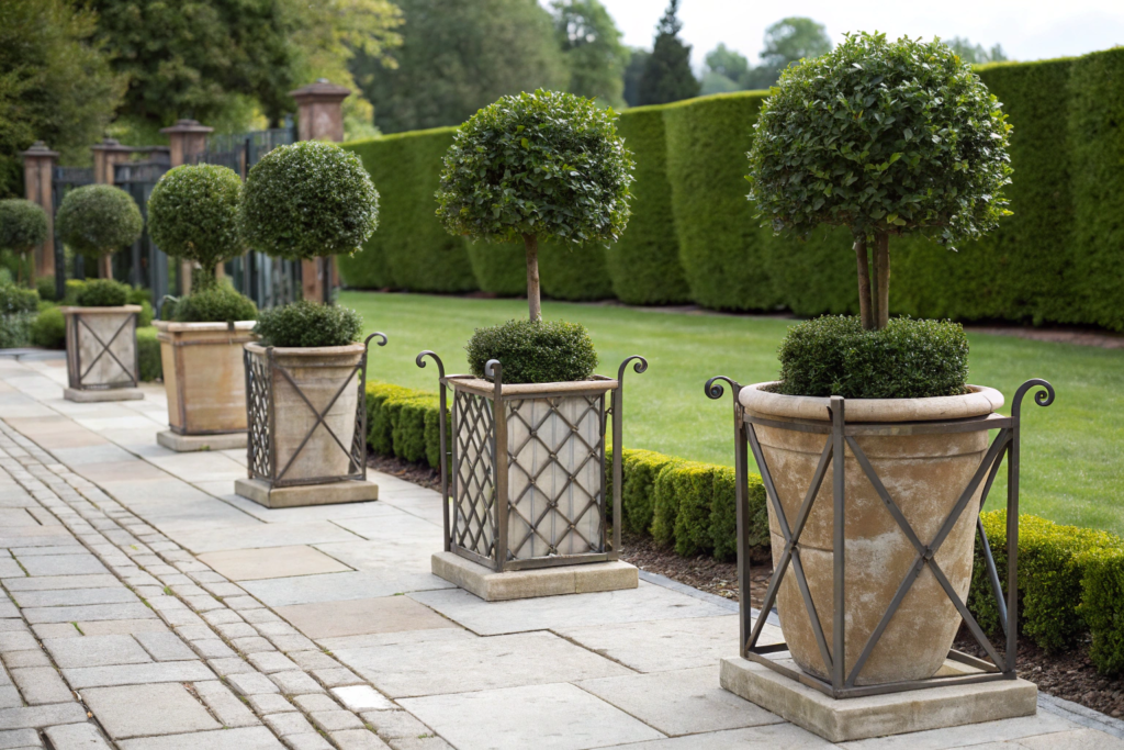 Outdoor garden artificial plants in pots require robust stabilization