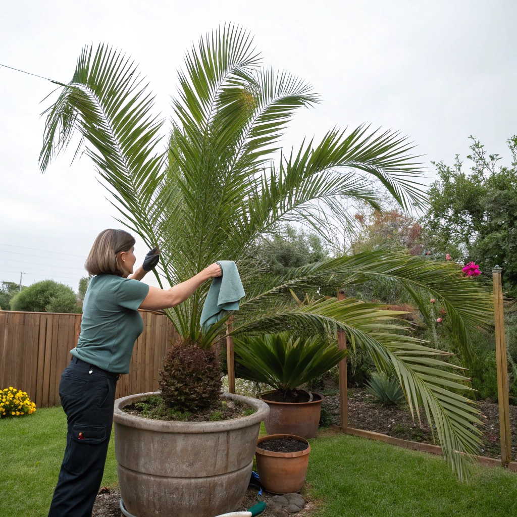 use a soft cloth to dust a palm tree in pot in the garden