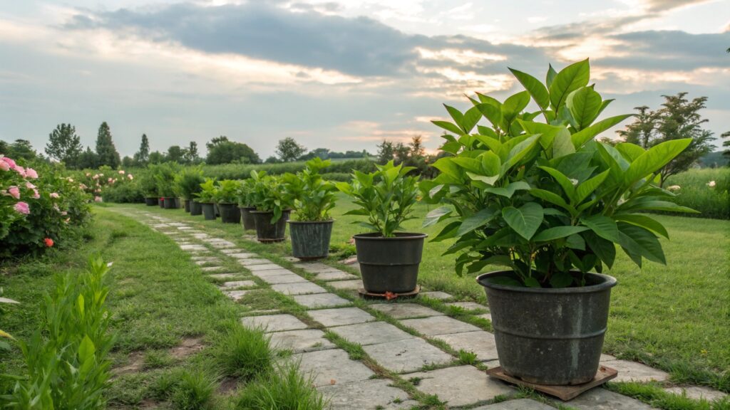 outdoor green plants in pots put outside in garden