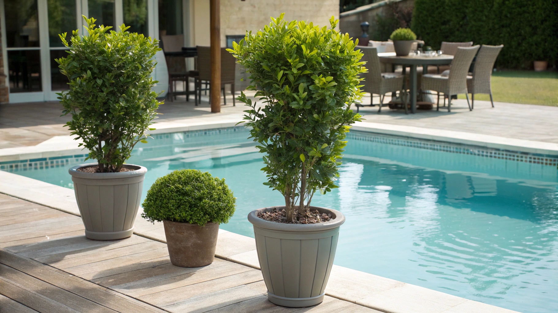 Artificial Plants in pots besides Swimming Pool