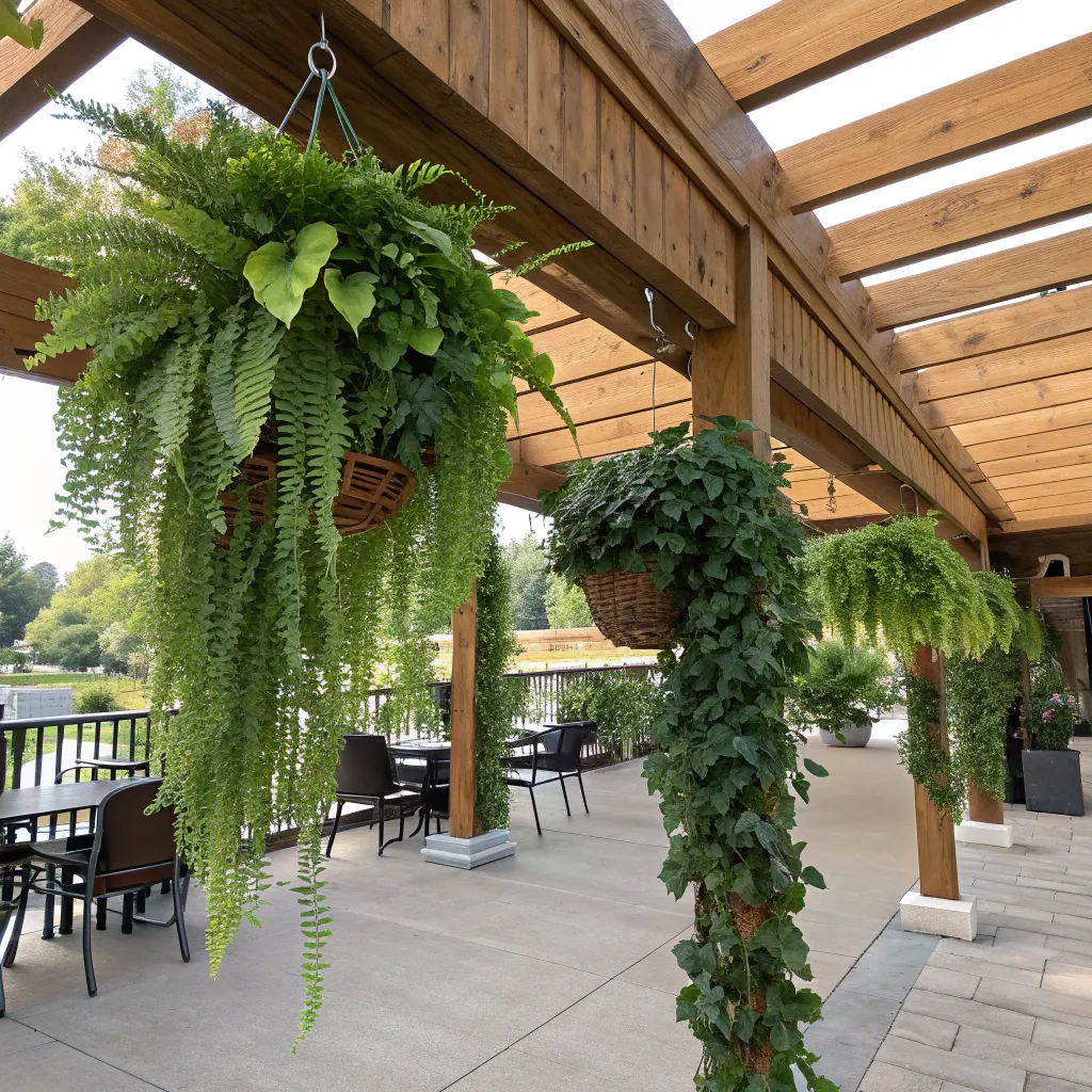 Faux_hanging_plants_outdoor-_trailing_ivy_and_fern