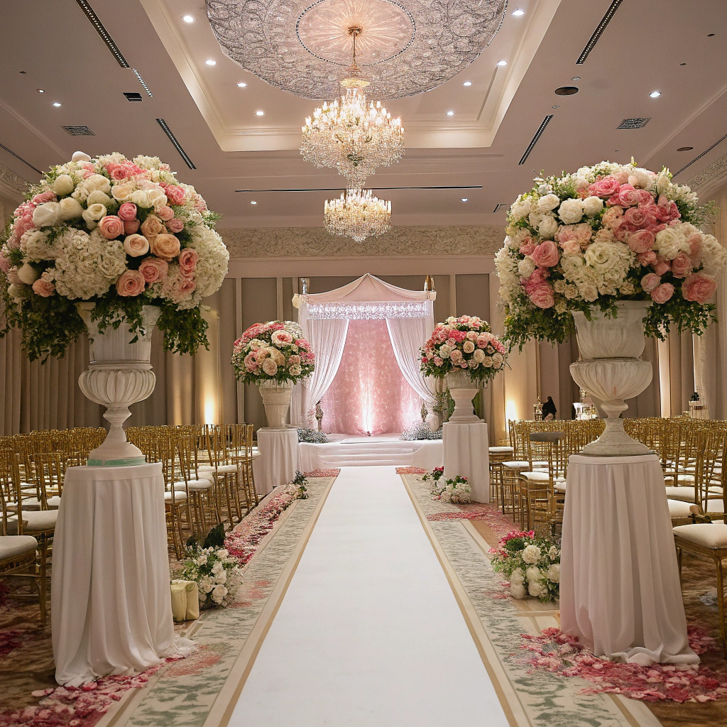 Artificial flower arrangements for wedding A luxurious, wide shot of a grand hotel lobby. The focal point is a series of large, custom-designed floral arrangements on reception desks and coffee tables, perfectly complementing the hotel's elegant and sophisticated interior design. The arrangements feature a variety of high-end faux flowers in colors that align with the hotel's branding.