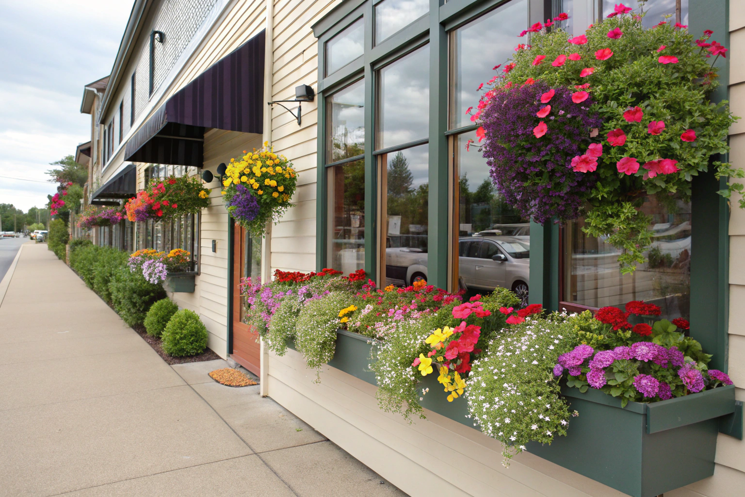 Colorful window boxes with Artificial flowers