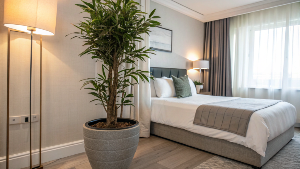 Faux plants in bedroom