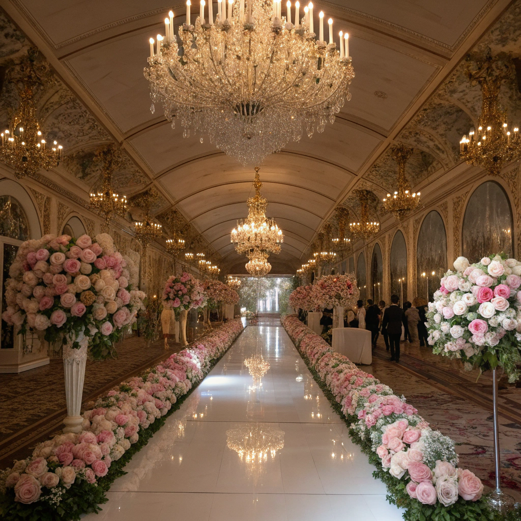 Vintage Villa Aisle with Wedding Flowers