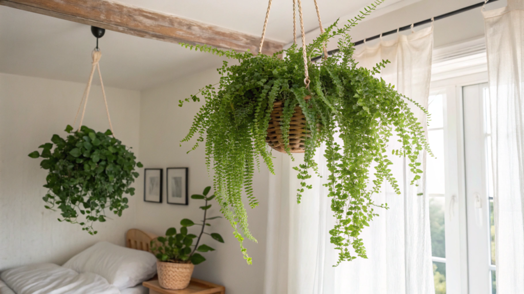 artificial hanging plants in bedroom