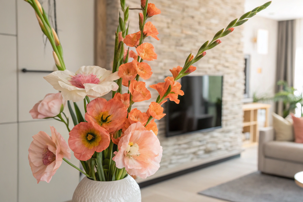 fake poppies and the striking gladiolus