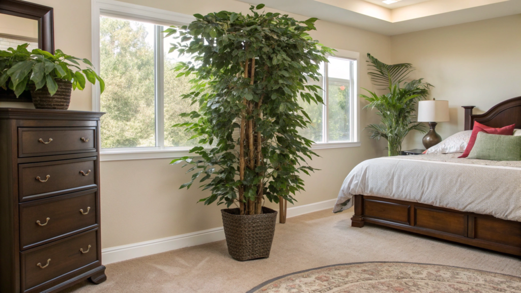 large artificial plant in bedroom