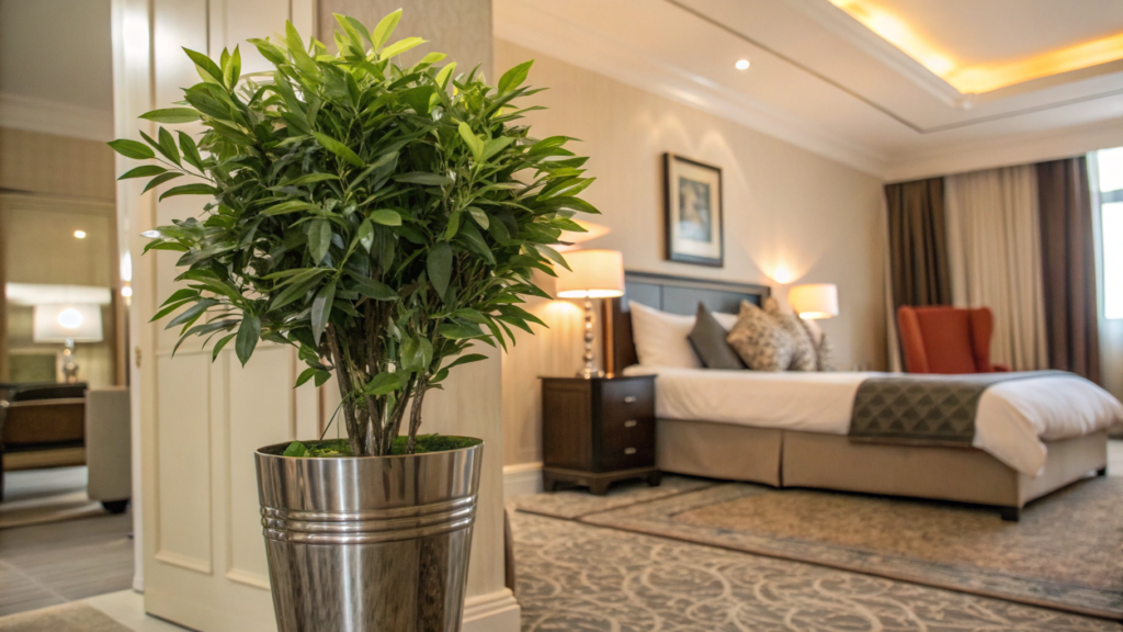 potted artificial plant in hotel bedroom