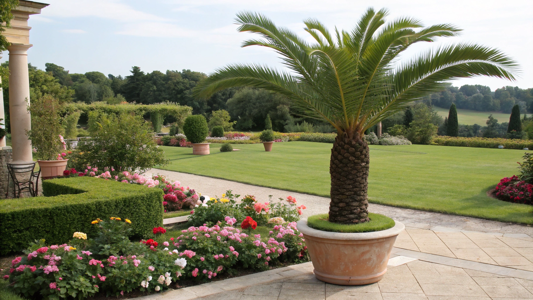 Faux palm tree in garden