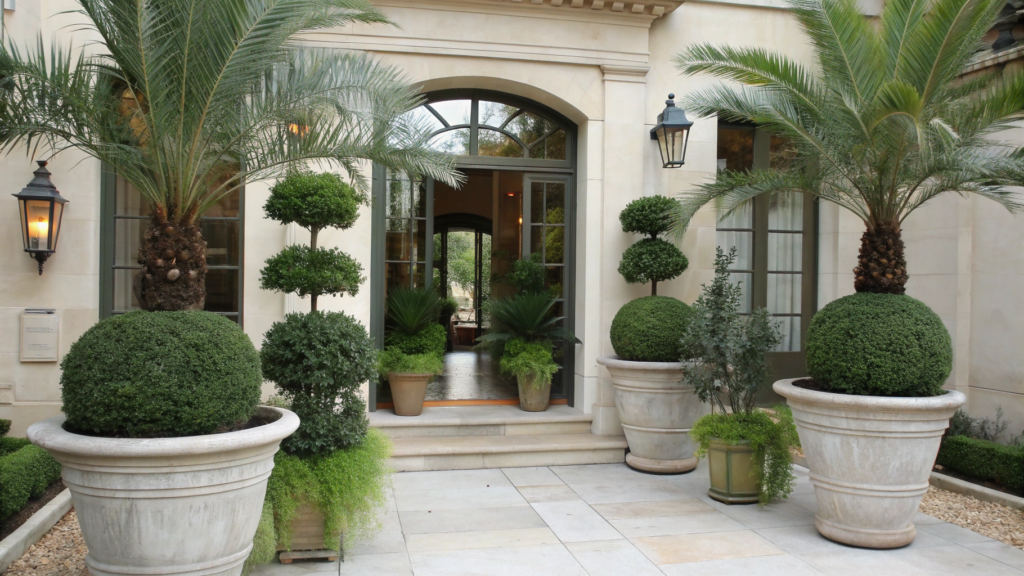 Elegant Potted Olives, palms, and Topiaries plants