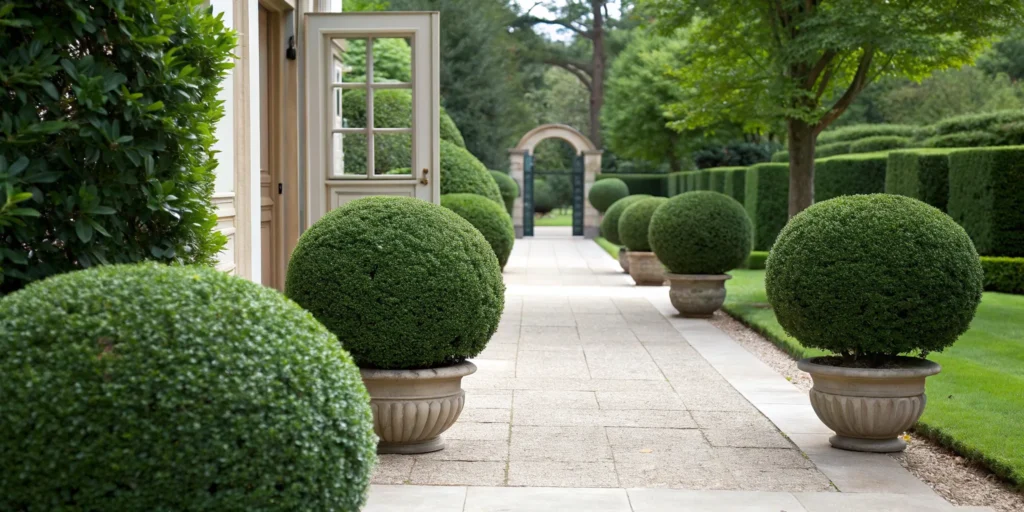 round_boxwood_balls_flanking_entryways