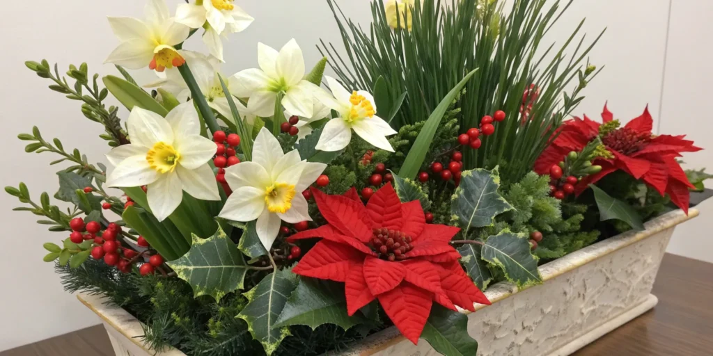 Artificial_narcissus,_holly,_and_poinsettia